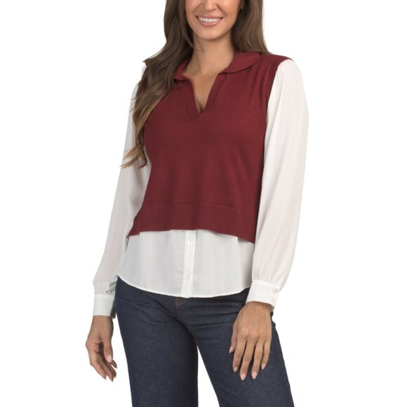 BELLDINI Cranberry Multi Twofer Style Sweater - Picture 1 of 2